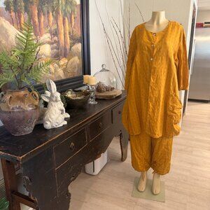 bryn WALKER 2-Piece Linen Button Down long sleeve Top & Big Leg Pants